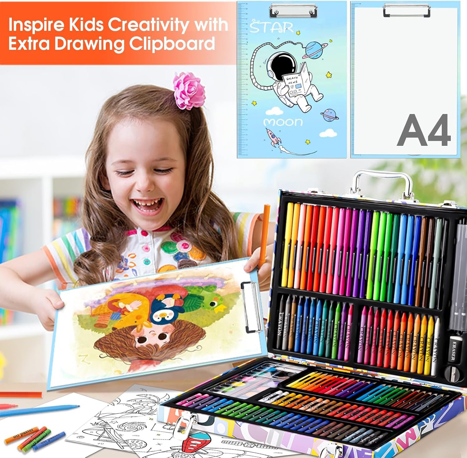 Art Supplies, 180 Pack Drawing Painting Set for Kids Girls Boys Teens, Coloring Art Kit Gift Case with Clipboard, Coloring Papers, Oil Pastels, Crayons, Colored Pencils, Watercolor Cakes, Markers - Image 4