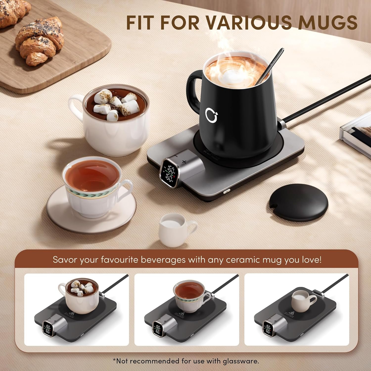 Coffee Mug Warmer Set, ±1°F Precision Temperature Control Smart Heated Mug for Desk, Electric Coffee Warmer with Auto Shut Off & Real-Time Temp Display, Gifts for Men Women, 15oz Ceramic Mug, Black - Image 6
