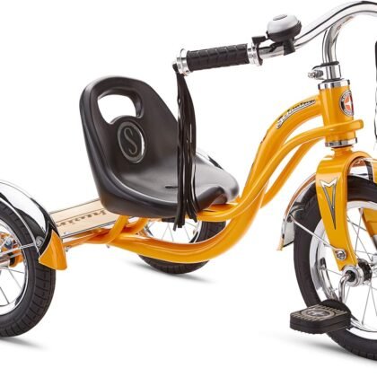 Schwinn Roadster Bike for Toddler, Kids Classic Tricycle, Low Positioned Steel Trike Frame with Bell and Handlebar Tassels, Rear Deck Made of Genuine Wood, for Boys and Girls Ages 2-4 Year Old, Orange