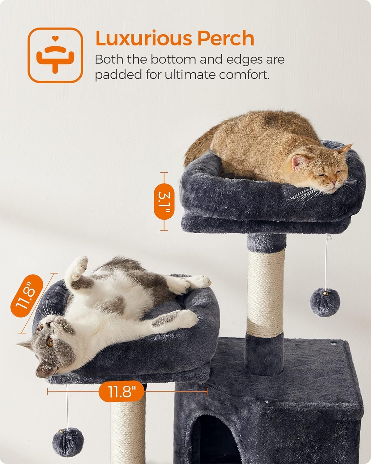 Feandrea Cat Tower, Cat Tree for Indoor Cats, 45.3-Inch Cat Condo with Scratching Post, Ramp, Perch, Spacious Cat Cave, for Kittens, Elderly Cats, Adult Cats, Small Space, Smoky Gray UPCT141G01 - Image 3