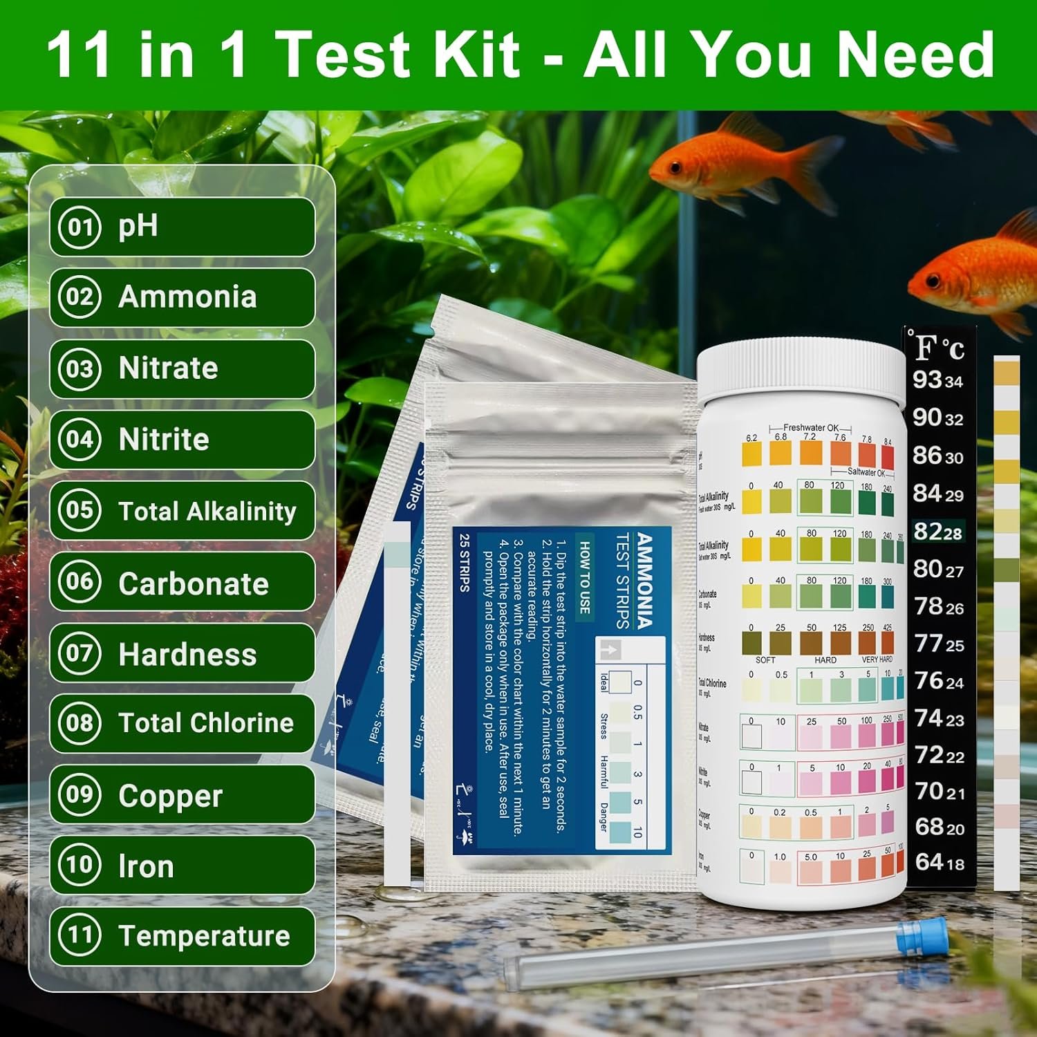 Aquarium Ammonia Test Strips 11-in-1 | 150 Strips | Quick Accurate Freshwater & Saltwater Fish Tank Water Test Testing Kit for pH, Nitrate, Nitrite,Hardness, Chlorine, Carbonate, Temp More - Image 2