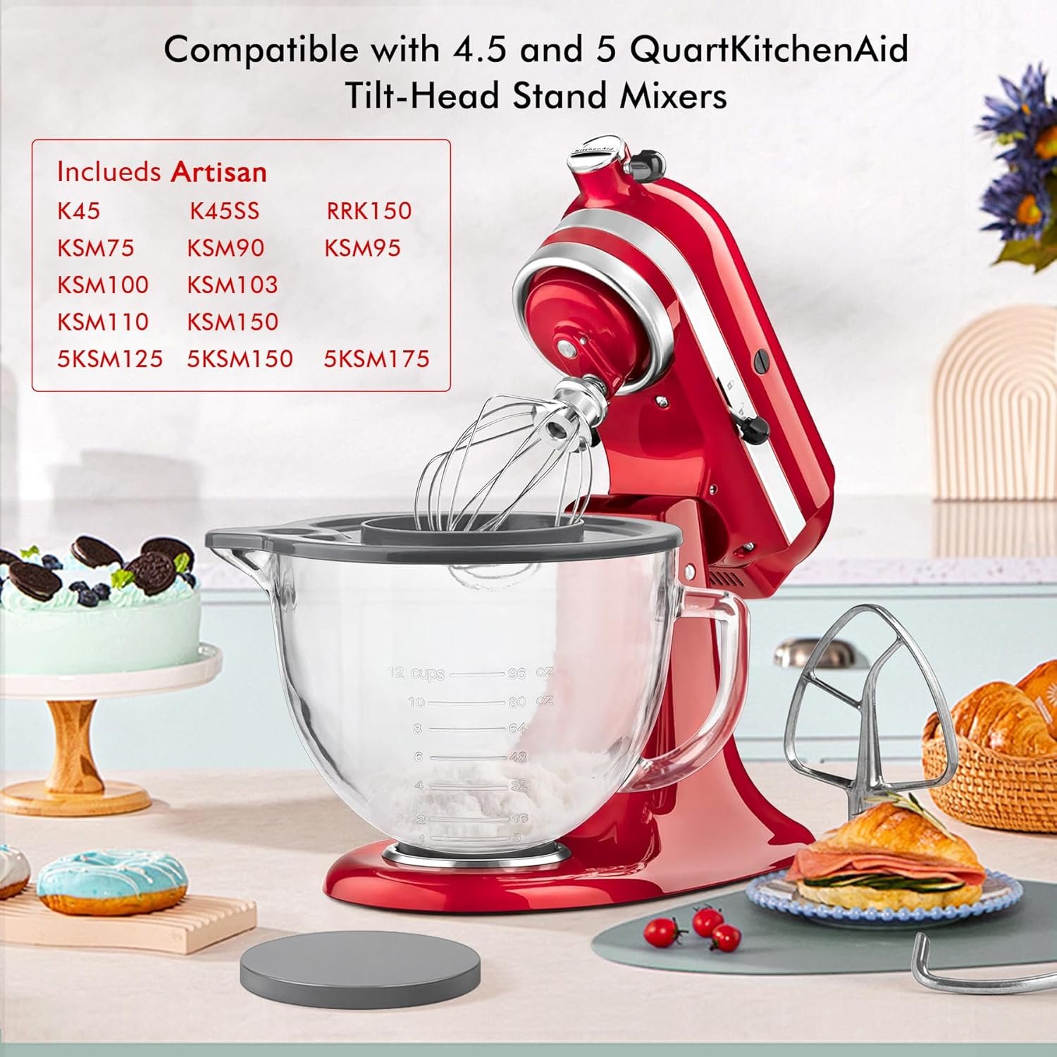 Glass Mixing Bowl Accessory 5 Quart - Compatible with KitchenAid 4.5 and 5 Quart Tilt-Head Stand Mixers (With Lid & Lock Ring) - Image 6