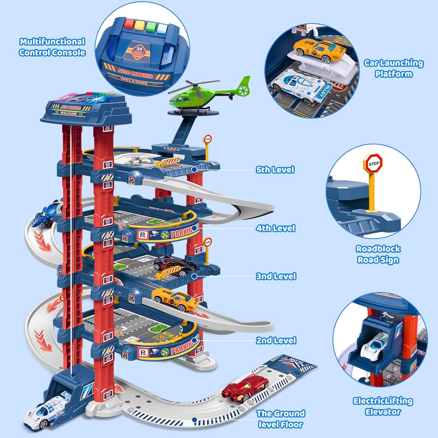 City Ultimate Garage Track Set with Electric Elevator, Upgrade 5 Levels Toy Car Garage with 5 Die-Cast Toy Cars & 1 Helicopter - Image 2