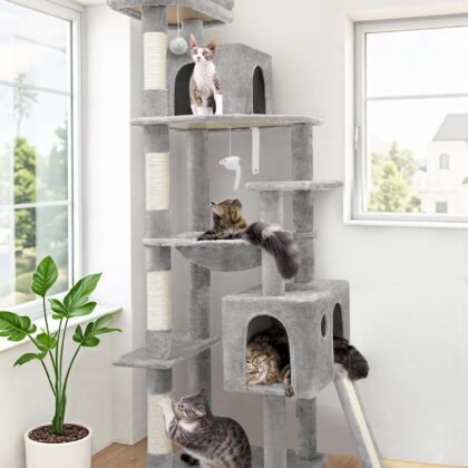 Globlazer Heavy Duty Cat Tree, 70 inch Sturdy Cat Tree for Indoor Cats Extra Large Cat Tower with Scratching Post, Hammock, Cat Condo for Adult Cats Kittens, F70 Pro, Light Grey