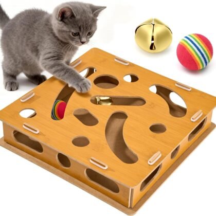 Interactive Wooden Cat Puzzle Toy with Ball and Bell，Indoor Hunting Play Toy to Stimulate Your Cat’s Energy and Instincts,Cat Toy Box for Indoor Cats and Kittens