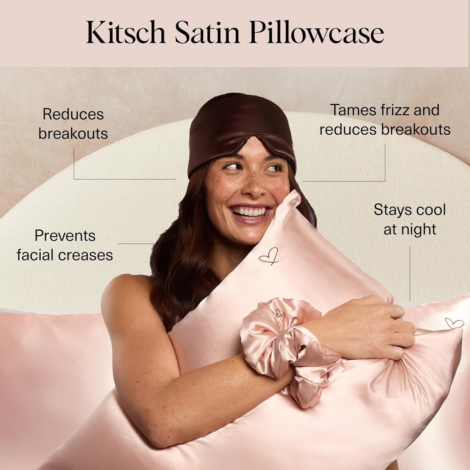 Kitsch Night time Renewal 3PC Sleep Set - Satin Pillowcase with Zipper for Hair & Skin - Softer Than Silk, Queen/Standard Size with Satin Pillow Scrunchie No-Damage Hair Tie and Satin Pillow Eye Mask - Image 3