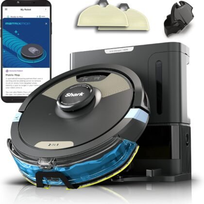 Shark AI Ultra 2-in-1 Robot Vacuum & Mop with Sonic Mopping, Matrix Clean, Home Mapping, HEPA Bagless Self Empty Base and 2 Microfiber Mopping Pads (Renewed), Black/Gold