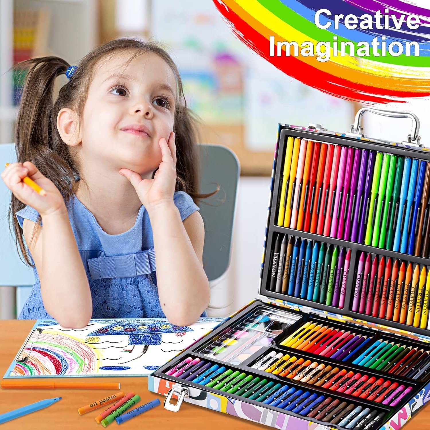 Art Supplies, 180 Pack Drawing Painting Set for Kids Girls Boys Teens, Coloring Art Kit Gift Case with Clipboard, Coloring Papers, Oil Pastels, Crayons, Colored Pencils, Watercolor Cakes, Markers - Image 8