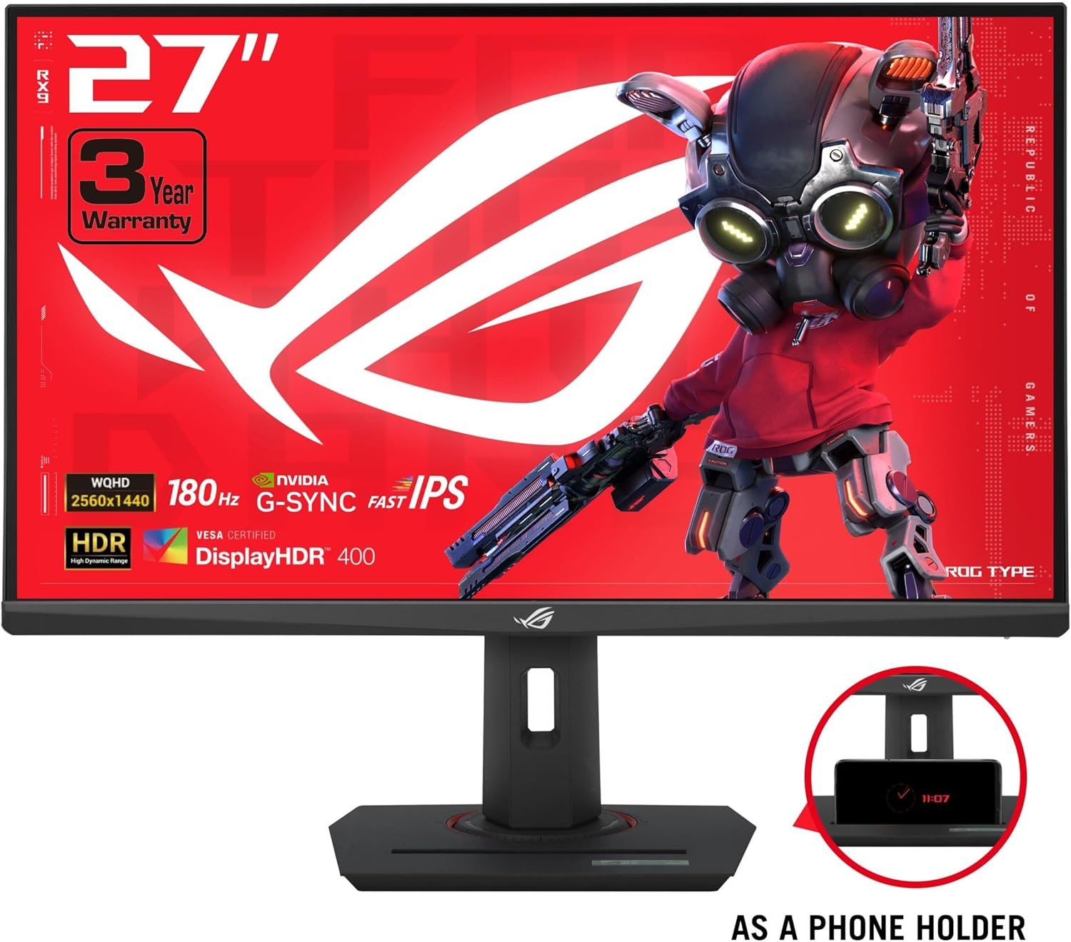 ASUS ROG Strix 27” QHD (2560x1440) HDR400 USB-C Gaming Monitor (XG27ACS), 180Hz,1ms, Fast IPS, 133% sRGB, Extreme Low Motion Blur Sync, G-Sync Compatible, DisplayWidget, Tripod Socket, 3 Year Warranty - Image 2