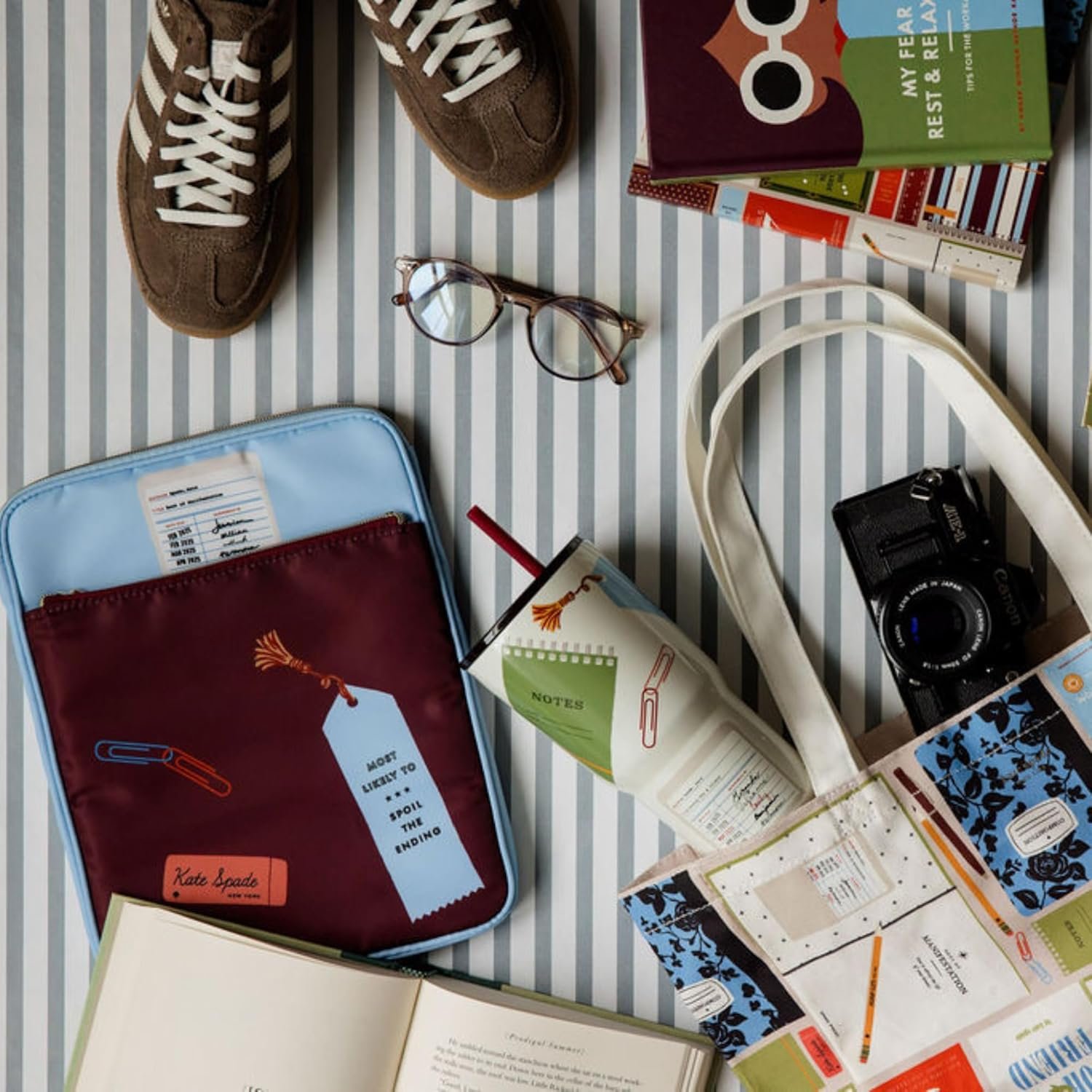 kate spade new york Cute Canvas Tote Bag for Women, Canvas Beach Bag, Book Tote with Pocket (Book Club) - Image 3