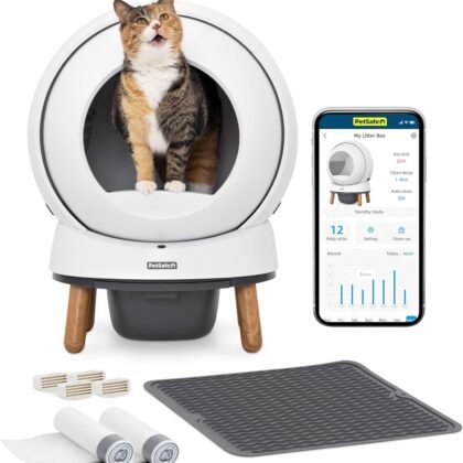 PetSafe ScoopFree SmartSpin Self-Cleaning Litter Box Bundle – Advanced Odor Control – App Controlled – Up to 2 Weeks of Hands-Free Cleaning – Includes Litter Mat, 50 Waste Bin Liners, 4 Deodorizers