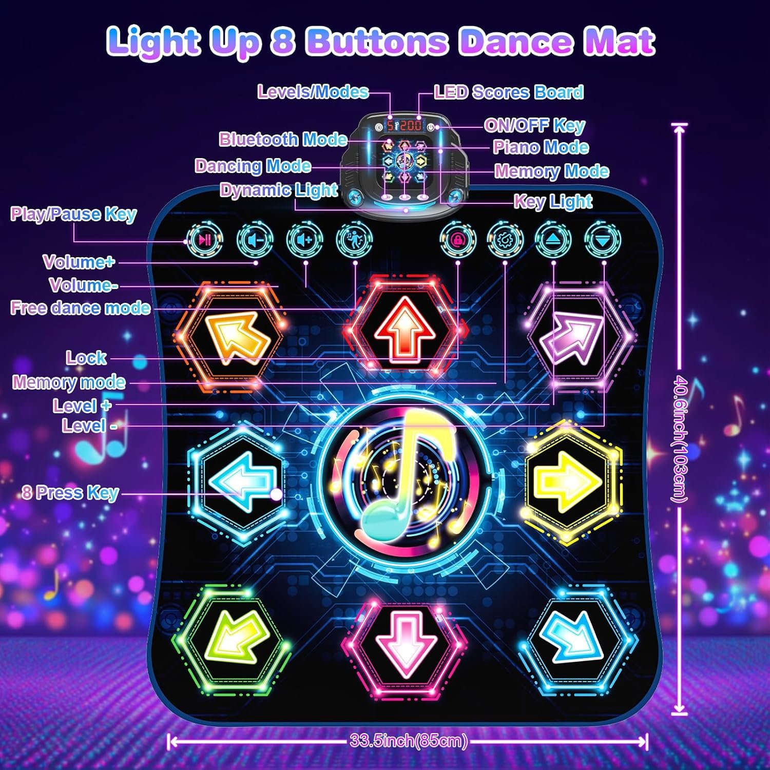 Dance Mat, 2025 Light Up 8-Button Dance Pad with Wireless Bluetooth, Upgraded Flowing Light Control System with Stands, Kids Toys Music Games Birthday for 3-12 Year Old Boys Girls - Image 5