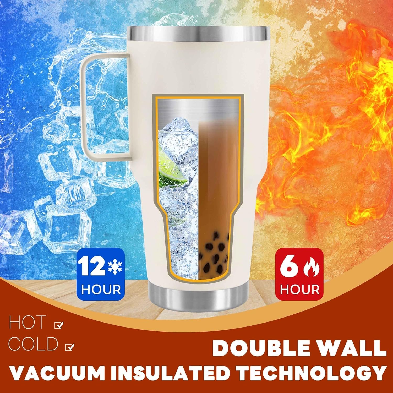 30 oz Tumbler With Handle, Double Wall Stainless Steel Vacuum Insulated Travel Mug with Splash-Proof Lid Metal Straw and Brush (Cream) - Image 5