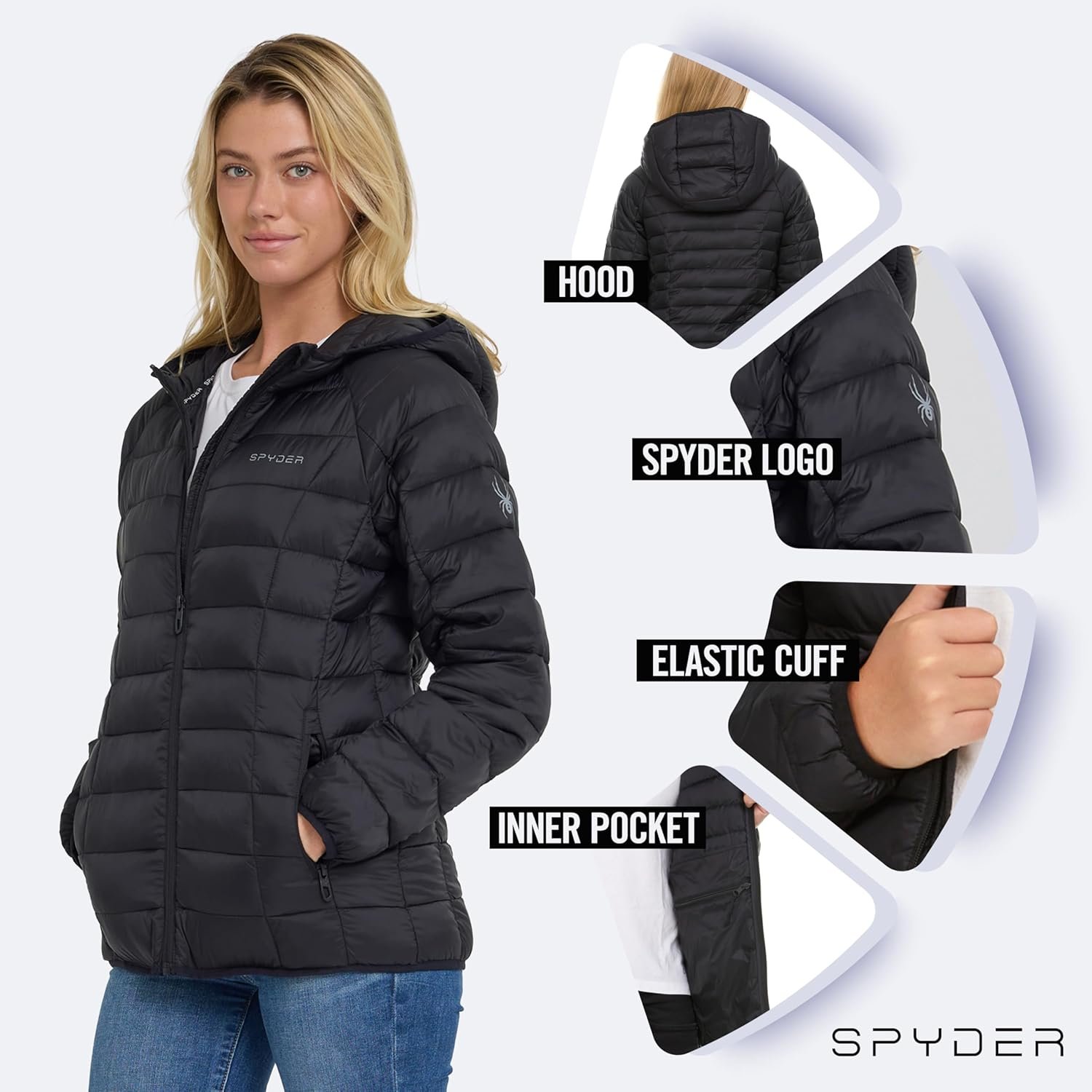 Spyder Packable Puffer Jacket Womens with Hood, Lightweight Full Zip Winter Quilted Womens Puffer Coat - Image 2