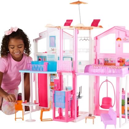 Barbie 3-Story Townhouse Dollhouse with Elevator, Swing Chair, Furniture and Accessories, Fold for Portability and Travel (Amazon Exclusive)