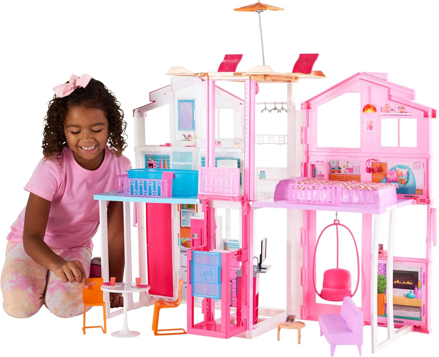 Barbie 3-Story Townhouse Dollhouse with Elevator, Swing Chair, Furniture and Accessories, Fold for Portability and Travel (Amazon Exclusive)