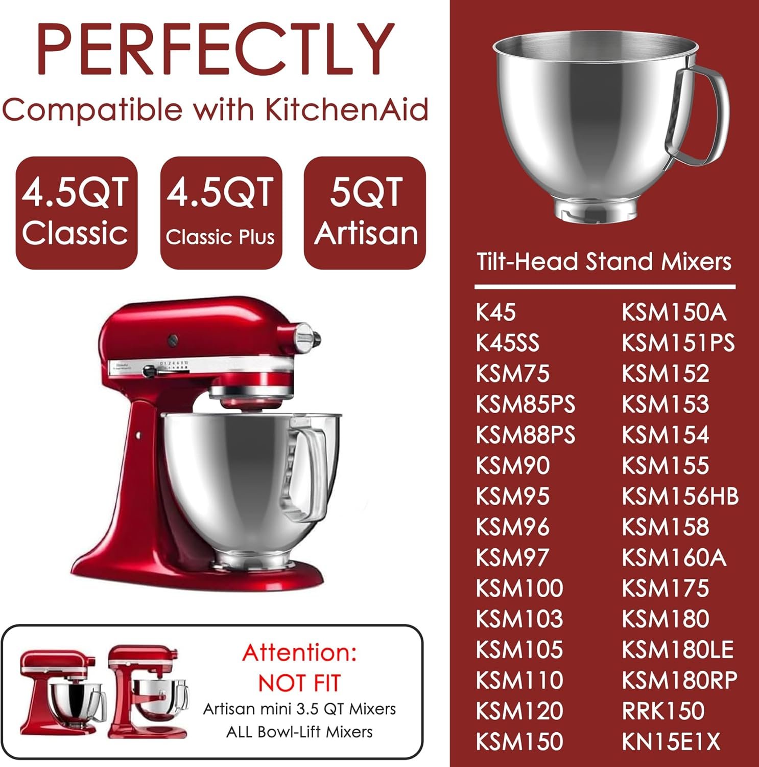 Stainless Steel Mixer Bowl for KitchenAid Artisan & Classic Series 4.5 Quart / 5 Quart Tilt-Head Stand Mixers, KSM150 Stainless Steel Bowl Replacement, Mixing Bowl for KitchenAid, Silver - Image 3