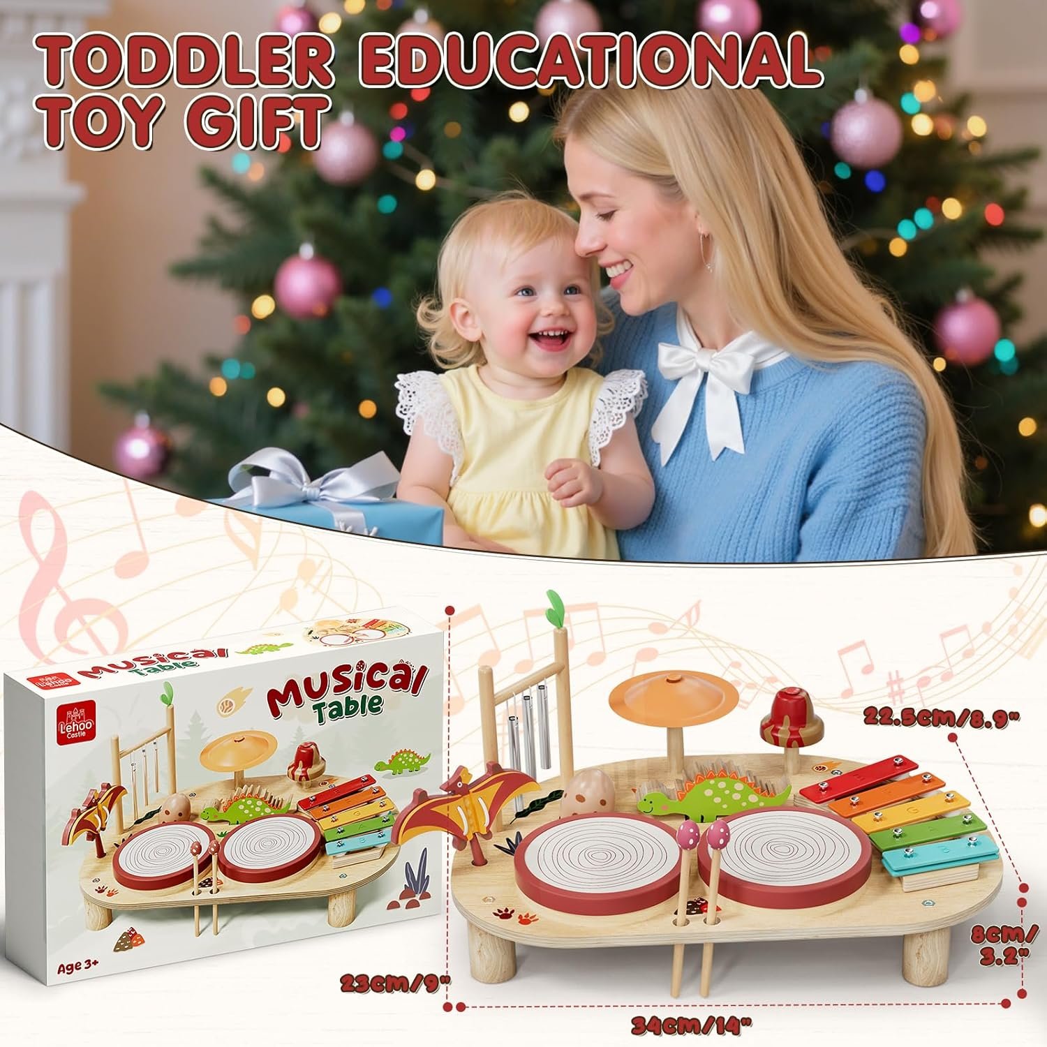 Lehoo Castle Baby Drum Set, Wooden Musical Instruments, Montessori Toys for Toddlers 1-3, Percussion Set with Xylophone Maracas Egg Shaker Drum Sticks, Preschool Christmas Birthday Gift - Image 7