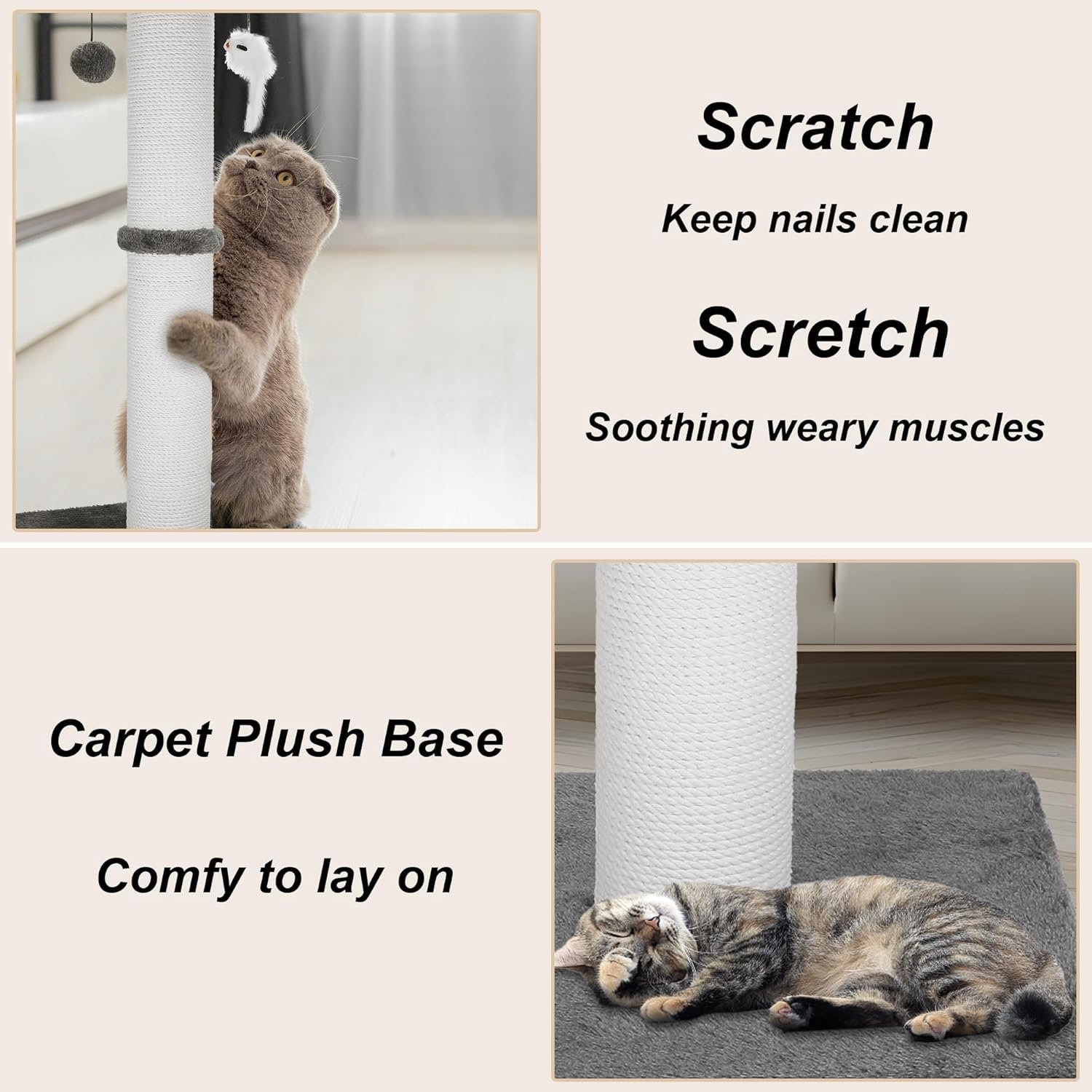 Cat Scratching Post 34 Inches Heavy Duty and Thicker Cat Scratching Post Sisal Rope with Hanging Ball and Mice Scratching Post for Indoor Cats and Adult(Grey) - Image 7