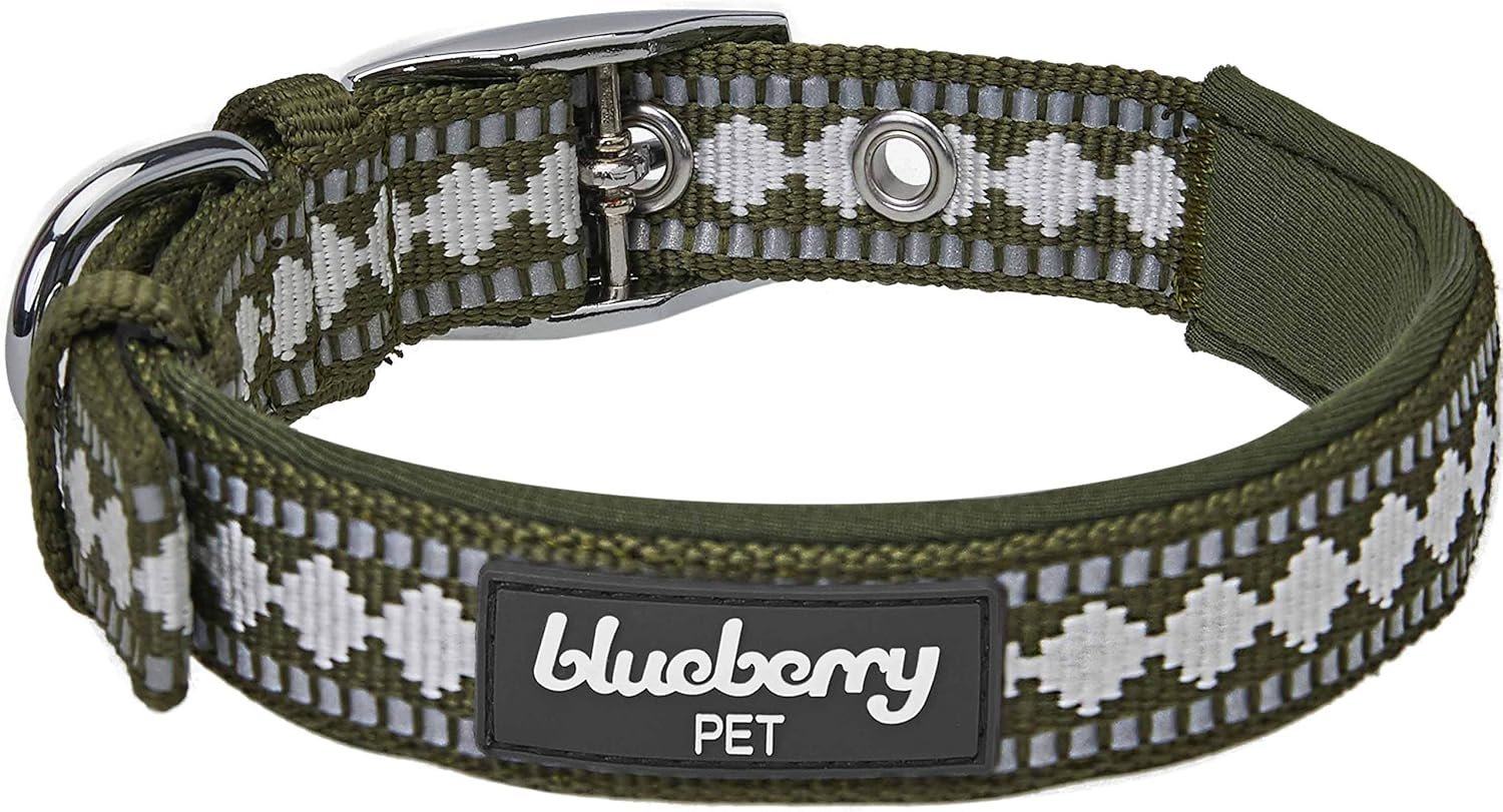 Blueberry Pet Reflective Jacquard Dog Collar with Neoprene Padding & Metal Buckle | Soft & Adjustable Safety Collar - Olive, Neck 13-16.5", for Medium Breed - Image 7