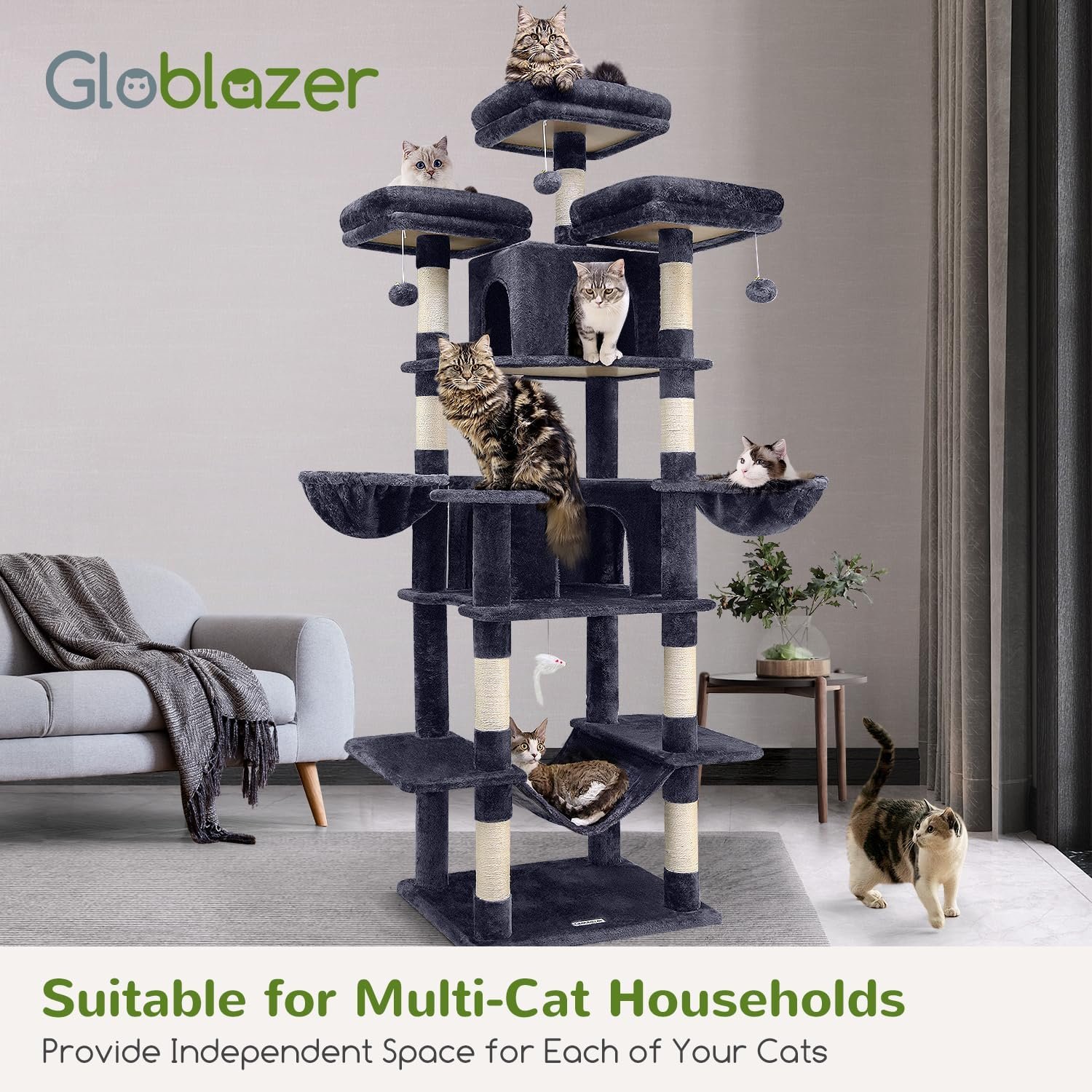 Globlazer Big Cat Tower for Indoor Cats, 80inch Cat Tower for Multiple Adult Cats XXL Cat Tree with Scratching Post, Hammock, 3 Perches, 2 Condos, 2 Hanging Basket, F80, Dark Grey - Image 7