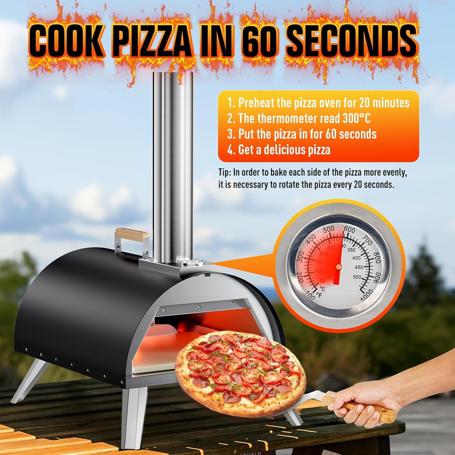 Multi-Fuel Pizza Oven Outdoor, 12" Portable Wood and Gas Fired Pizza Oven with Thermometer,Gas Hose & Pizza Stone,Heats up to 1000°F,Stainless Steel Pizza Oven for Backyard or Camping (Black) - Image 3