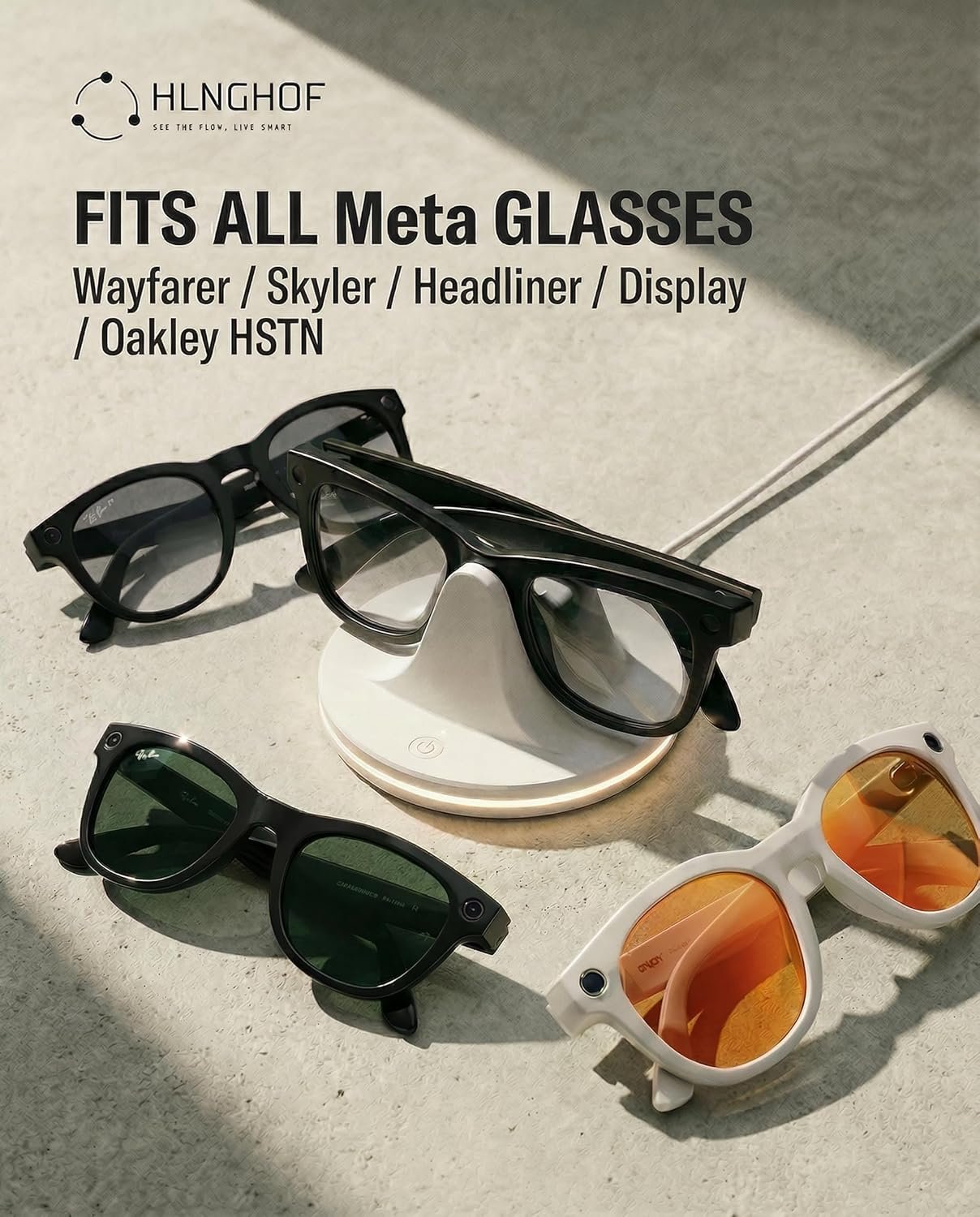 Charging Dock for Ray-Ban Meta Smart Glasses – RGB Desktop Charger Stand Compatible with Wayfarer Gen 2, Skyler, Headliner & Oakley HSTN, Type-C Input, LED Indicator Light, 1h Fast Charge, ABS (White) - Image 2