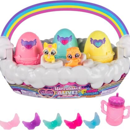 Hatchimals Alive, Neon Rainbow Spring Basket Toy (Styles May Vary), 3 Self-Hatching Easter Eggs, Gifts & Stocking Stuffers for Girls & Boys Ages 3 & up