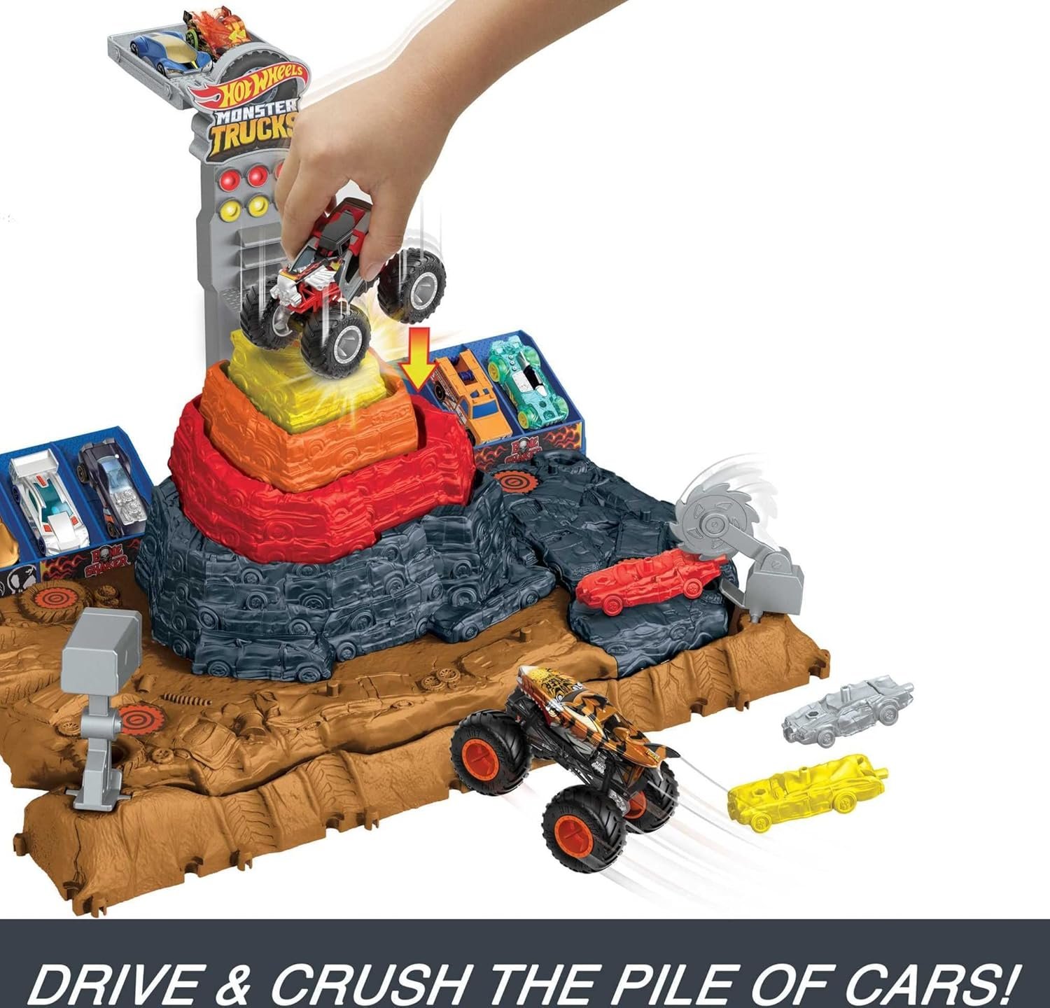 Hot Wheels Monster Trucks Playset & Toy Truck, Arena Smashers Bone Shaker Ultimate Crush Yard, Exclusive 1:64 Scale Bone Shaker & 3 Crushable Cars - Image 3