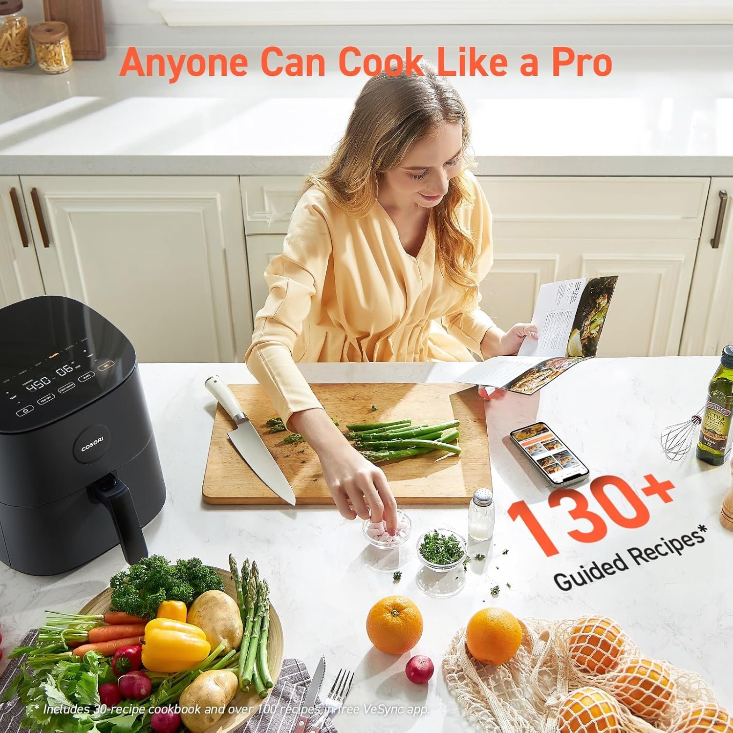 COSORI Air Fryer Pro 9-in-1, Compact 5QT, 450℉: Half Time & Chef-Grade Cook, One-Wipe Clean Glass Panel, 130+ In-App Recipes with Nutritional Info, Nonstick & Dishwasher-Safe Basket, Ceramic, Gray - Image 6