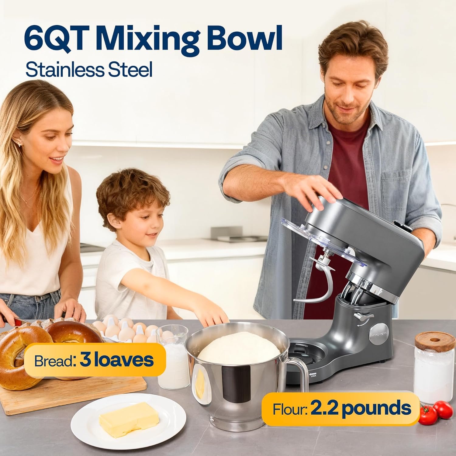 VIVOHOME Stand Mixer with Fermentation, One-Touch Presets Electric Dough Mixer with 6 Qt Bowl, Kitchen Standing Mixer for Baking, Cake with Flex Edge Beater, Bread Hook, Whisk, Gray - Image 5