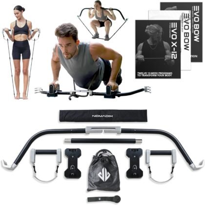 EVO Bow - All in One Portable Home Gym System with Ultra Weighted Push Up Board | Compact Strength Training and Exercise Equipment for Travel, Notched Resistance Bands for Full Body Training | 300lbs