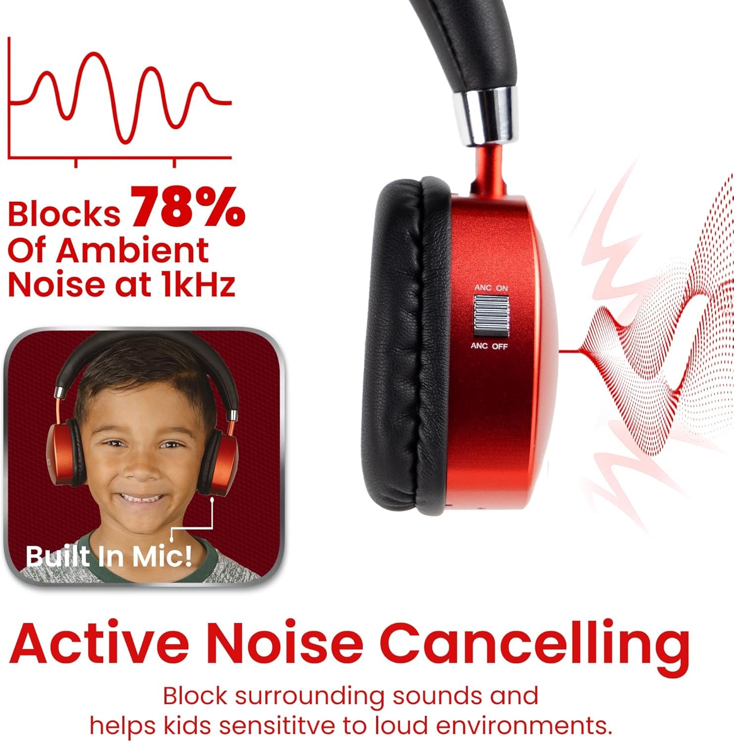 Puro Sound Labs PuroQuiet Plus Kids Noise Cancelling Headphones, Bluetooth Kids On Ear Headphones with Mic, Lightweight On-Ear Design, Studio-Grade Sound (Red) - Image 4