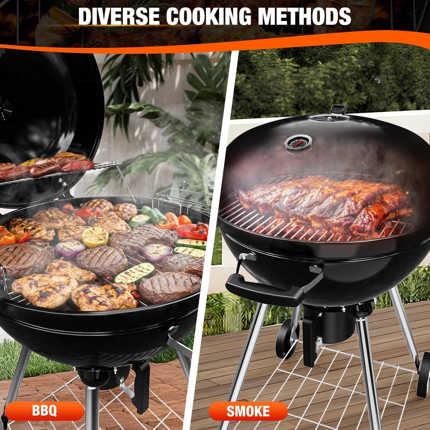 22 inch Premium Charcoal Grill, Kettle Barbecue and Smoker Grills 500+ Sq. In. Cooking Area for Outdoor BBQ, Tailgating and Patio, Black - Image 5