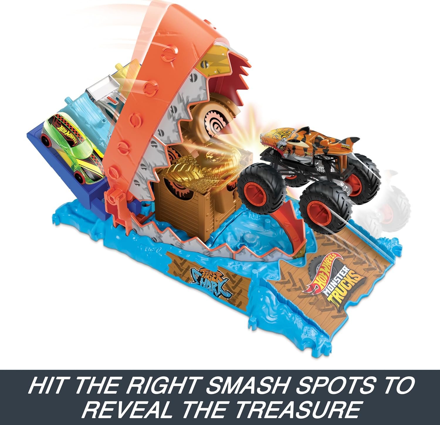 Hot Wheels Monster Trucks Arena Smashers Treasure Chomp Challenge Playset with 1:64 Scale Tiger Shark Toy Monster Truck & 1 Crushed Car - Image 3