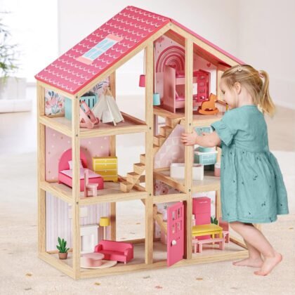 Tiny Land Wooden Dollhouse for Girls - 6 Rooms Wooden Doll House, DIY Pretend Doll House with 31Pcs Furniture Accessories, Creative Gift for Girl Ages 3+