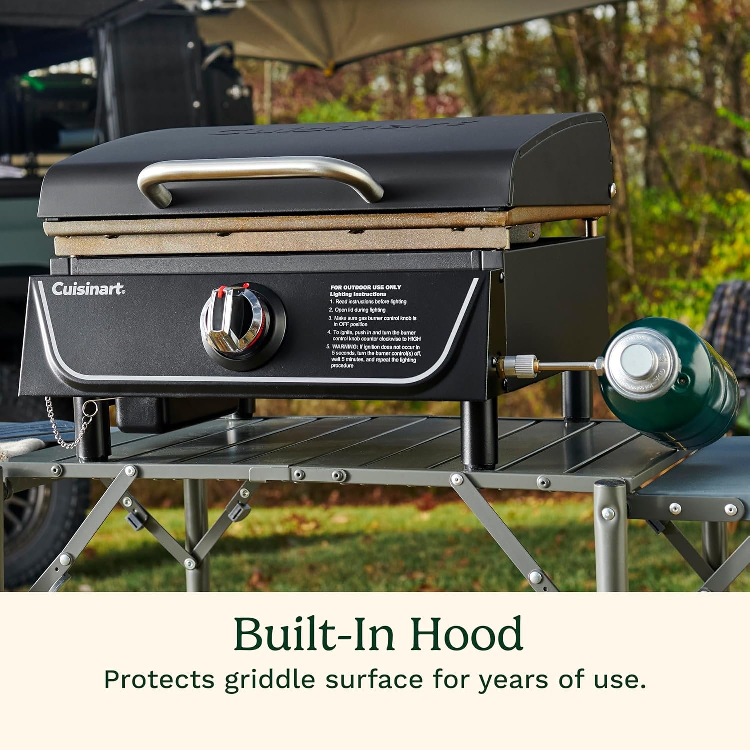 Cuisinart 17” Tabletop Gas Griddle with Hood, Easy Assembly Compact Outdoor Flat-Top Grill with Grease Cup, 255 Sq. In Cooking Space Perfect for Camping, Tailgates and BBQs - Image 6