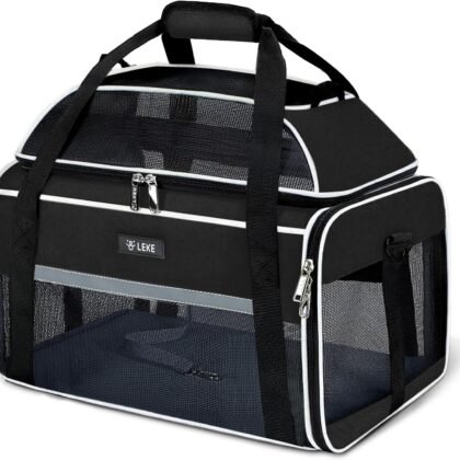 Lekereise Top-Expandable Pet Carrier 17x11x9.5 Inch Alaska Hawaiian Airline Approved Soft Sided Underseat to 12lbs Travel Carriers for Small Cats and Dogs with Locking Safety Zippers Anti-Scratch Mesh