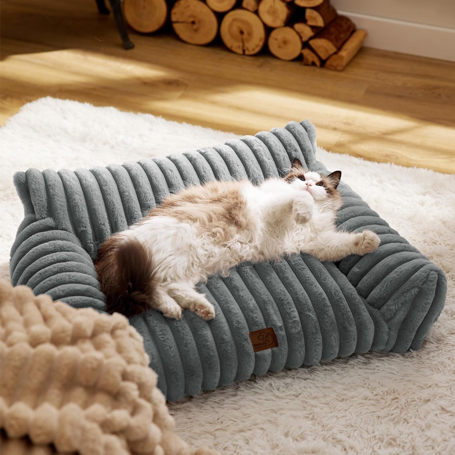 Bedsure Cute Cat Couch for Pets - Fluffy Small Dog Sofa with Premium Soft Corduroy Fleece, Pet Sofa with Removable Washable Cover, Supportive Dog Couch Bed for Small Medium Dogs, 30inch, Warm Grey - Image 8