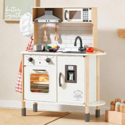 Tiny Land Play Kitchen for Kids, Wooden Kids Play Kitchen Playset Chef Pretend Play Set for Toddlers with Real Lights & Sounds, Toys Kitchen with 18 Pcs Toy Food & Cookware Accessories