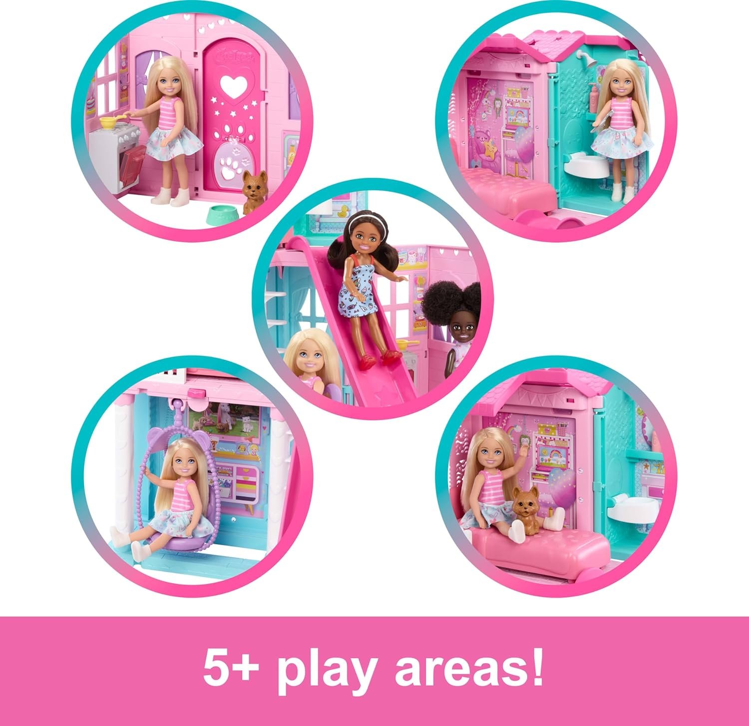 Barbie Chelsea Toy Dollhouse with 15+ Accessories, Pop-Up House Expands to 17+ x 13+ inches with 5 Play Areas & Slide, Includes Small Doll & Pet Dog - Image 2