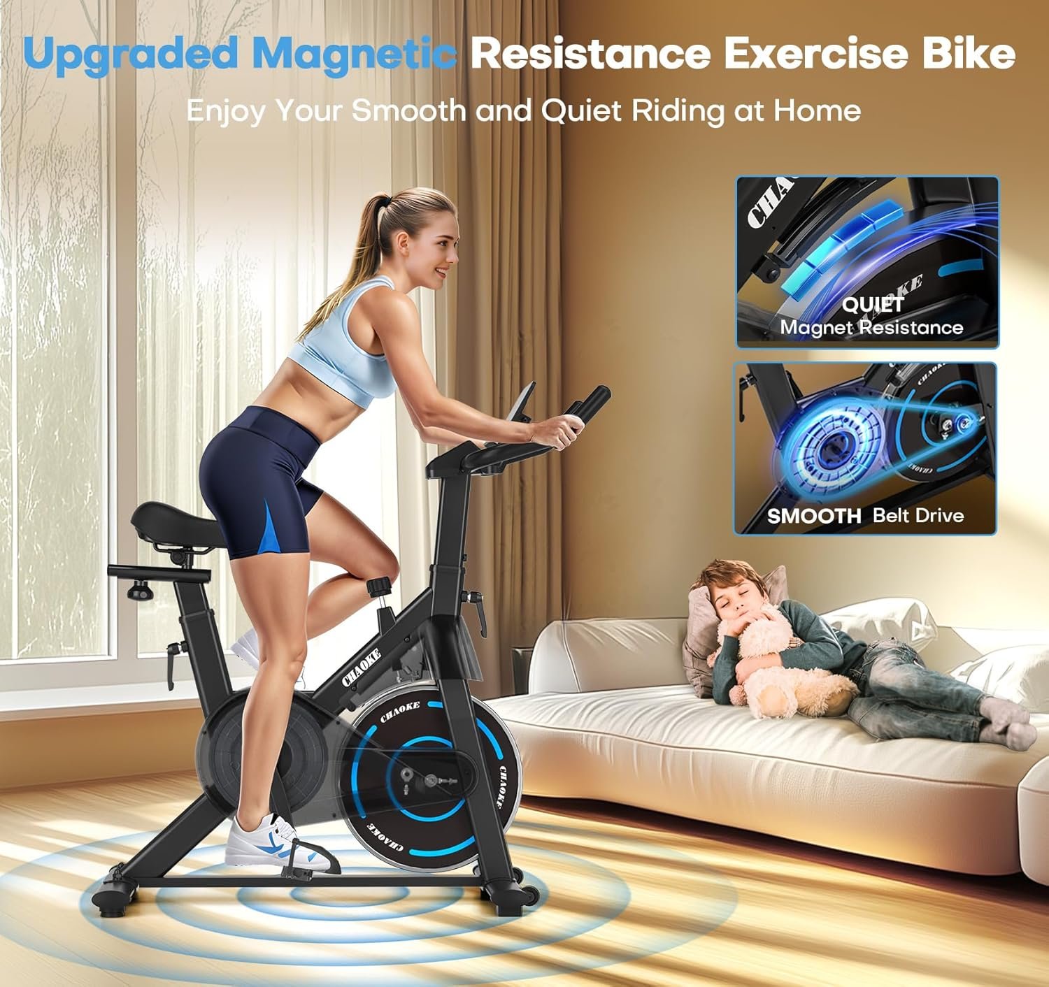 CHAOKE Exercise Bike, Quiet Adjustable Magnetic Stationary Bike for Home Cardio with App Compatible, 350LB Weight Capacity Indoor Cycling Bike with Large Seat, Dumbbell Rack, Pull Cords & LCD Display - Image 4