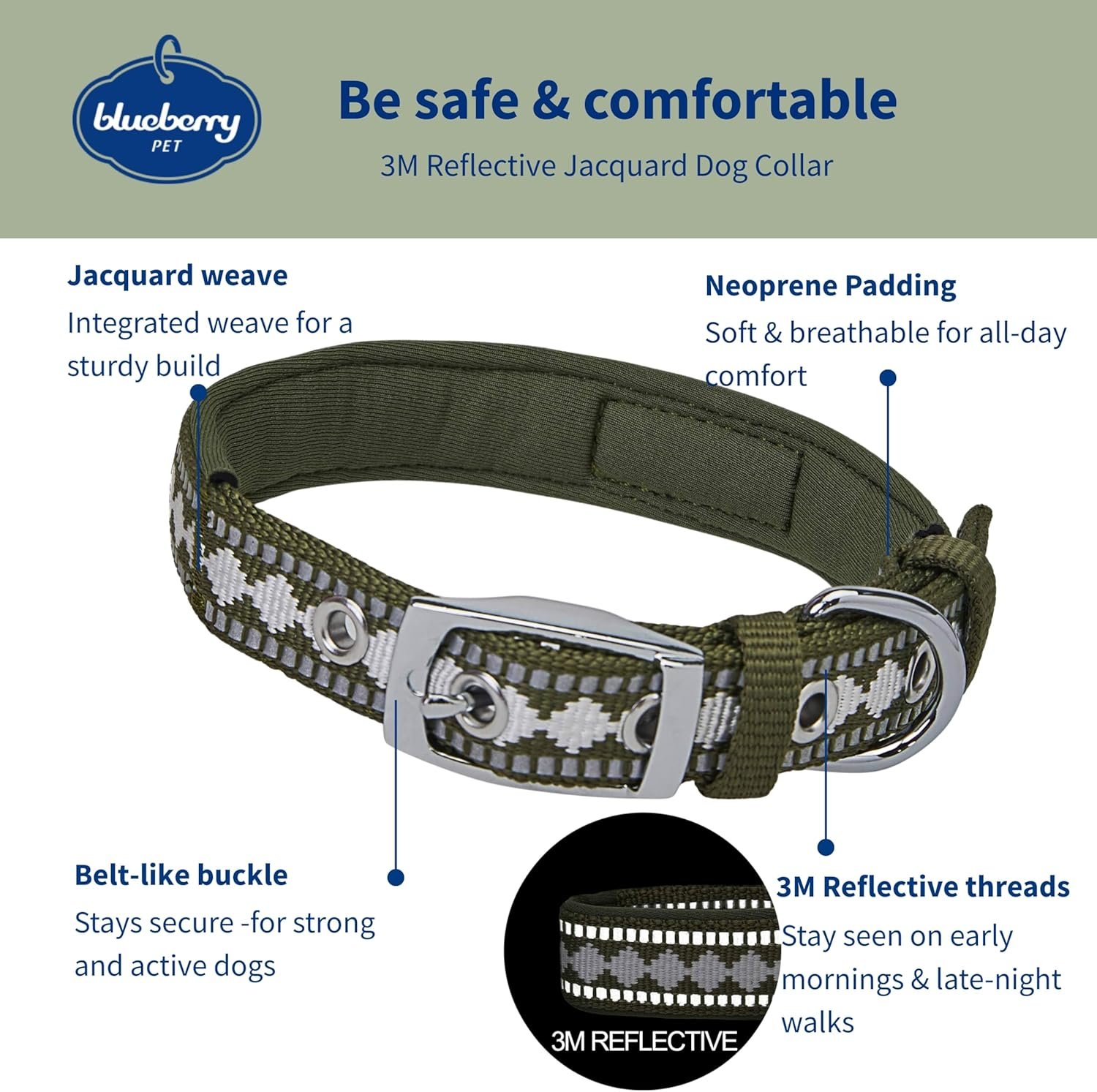 Blueberry Pet Reflective Jacquard Dog Collar with Neoprene Padding & Metal Buckle | Soft & Adjustable Safety Collar - Olive, Neck 13-16.5", for Medium Breed - Image 2