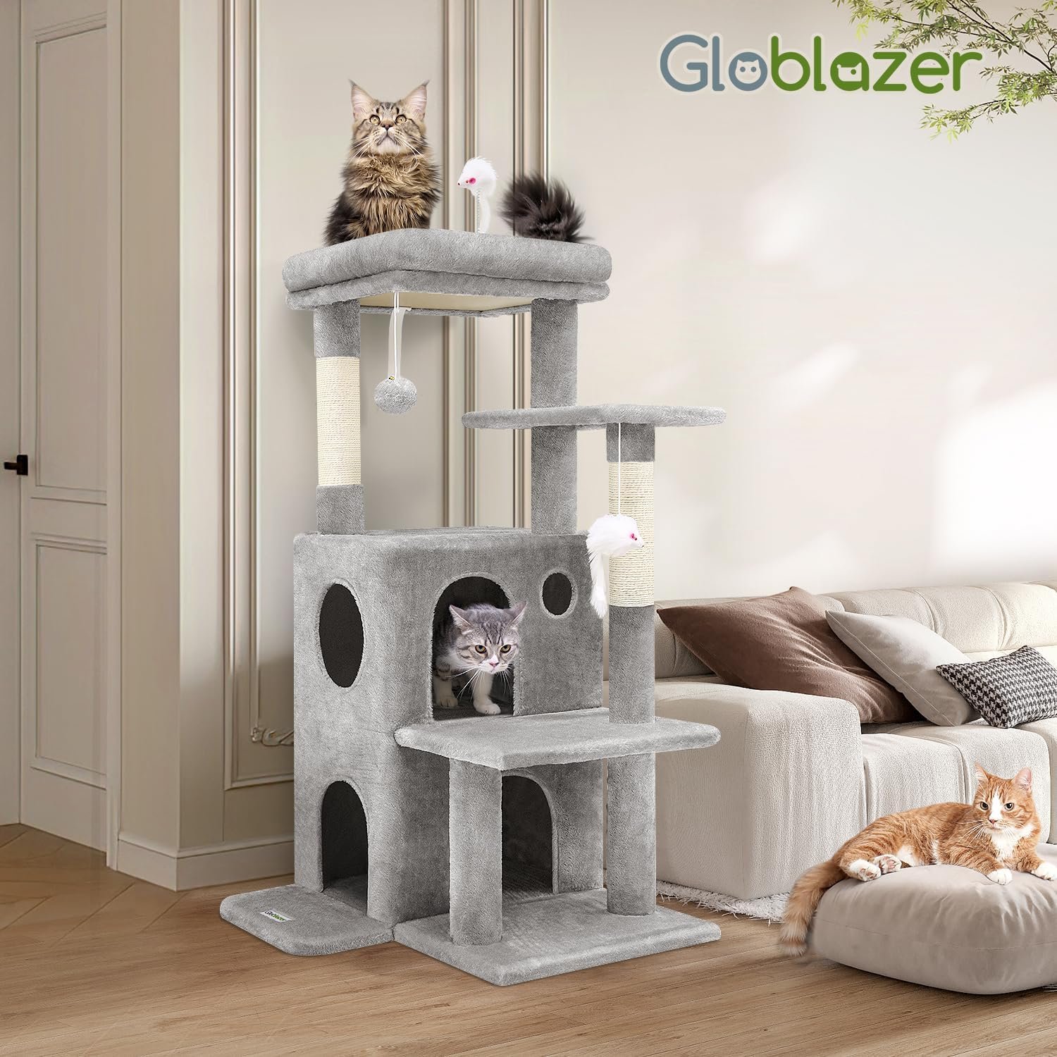 Globlazer Cat Tree Tower for Indoor Cats, 50-inch Adult Cat Tree House for Large Adult Cats with Steps, Scratching Post, 2 Cat Caves, Dangling Toys, FC50, Light Grey - Image 7