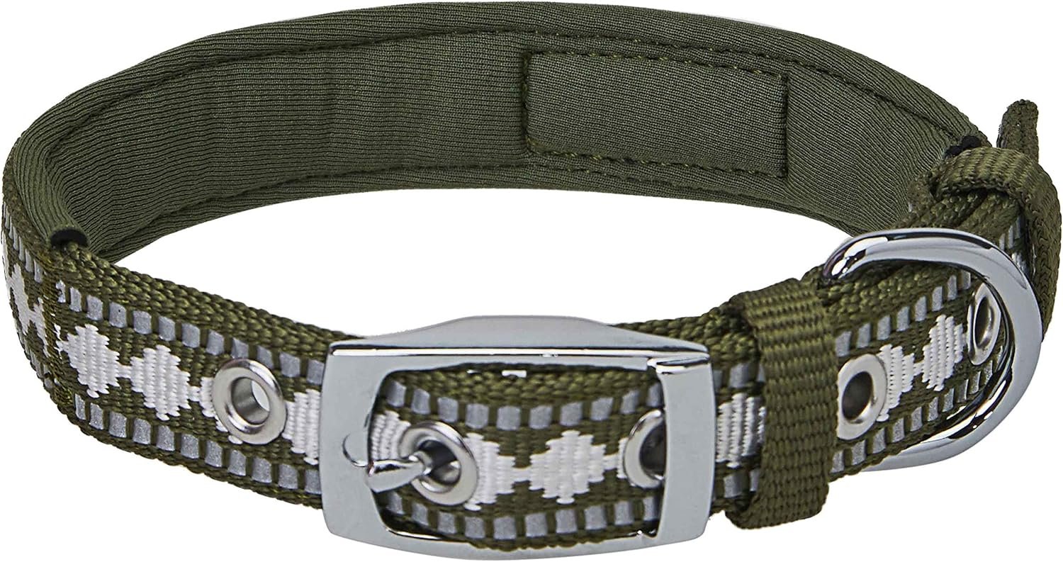 Blueberry Pet Reflective Jacquard Dog Collar with Neoprene Padding & Metal Buckle | Soft & Adjustable Safety Collar - Olive, Neck 13-16.5", for Medium Breed