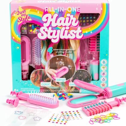 Just My Style All-in-One Hair Stylist, 4-in-1 Styling Tool with Gem Stamper, Beader, Chalk, and Brush - Fun Hair Accessories for Girls 8-12