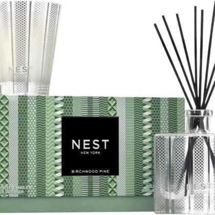 NEST New York Scented Classic Christmas Tree Candle (8.1 oz) & Diffuser (5.9 fl oz) Set, Birchwood Pine - Reusable Glass Vessel - Vegan, Cruelty Free