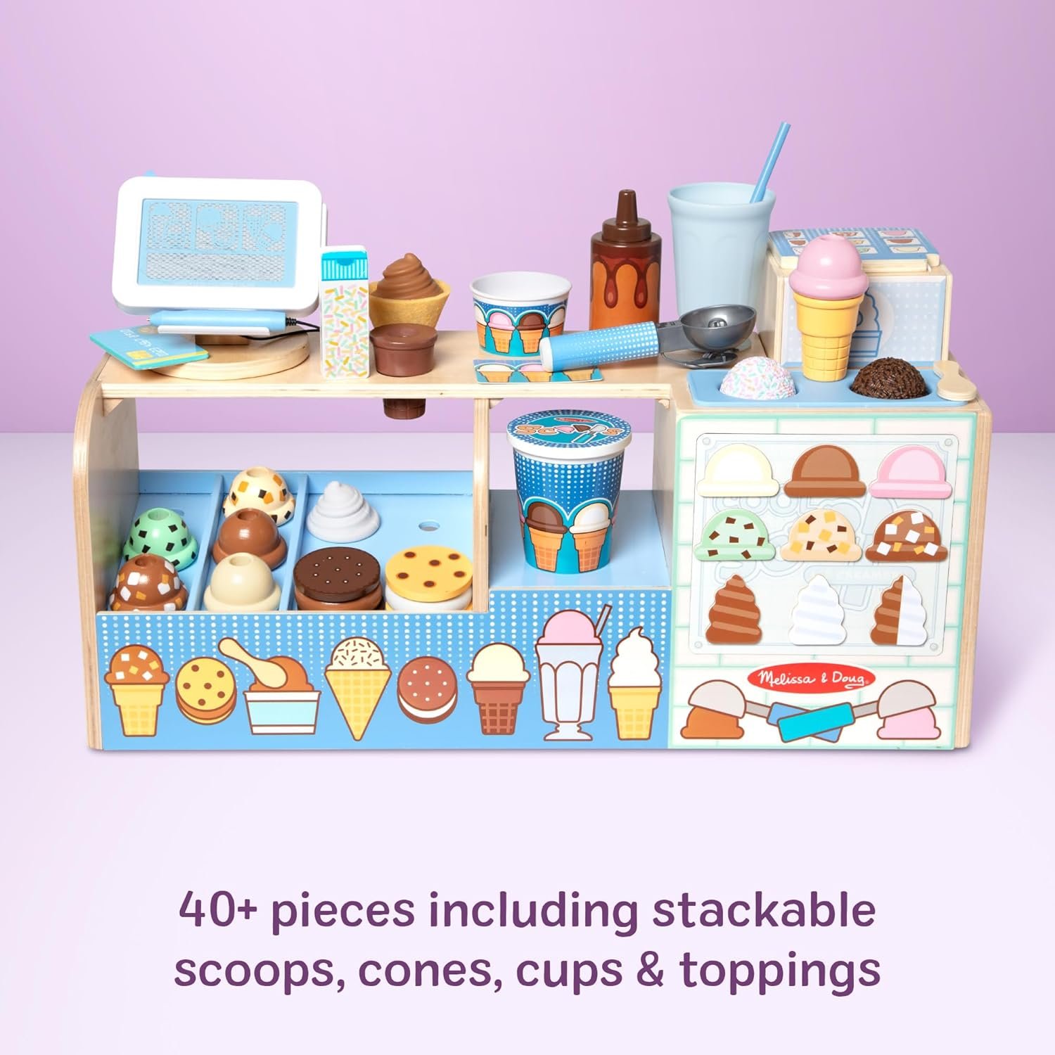Melissa & Doug Cool Scoops Ice Creamery, Wooden Ice Cream Shop & Counter with Play Food & Play Kitchen Accessories, Preschool Learning Toys for Girls & Boys 3+ - FSC Certified - Image 7