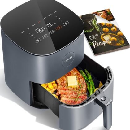 COSORI Air Fryer Pro 9-in-1, Compact 5QT, 450℉: Half Time & Chef-Grade Cook, One-Wipe Clean Glass Panel, 130+ In-App Recipes with Nutritional Info, Nonstick & Dishwasher-Safe Basket, Ceramic, Gray