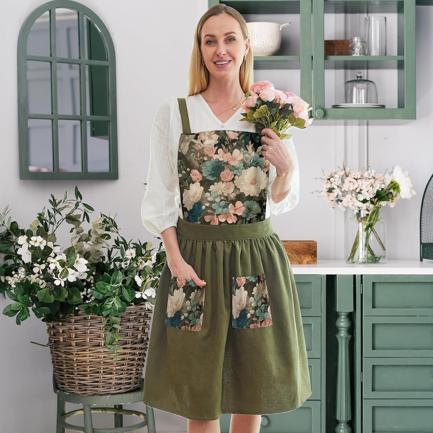Vintage Cute Apron Dress for Women with Pockets,Cross Back Pinafore Aprons for Cooking,Baking,Kitchen,Gardening - Image 7